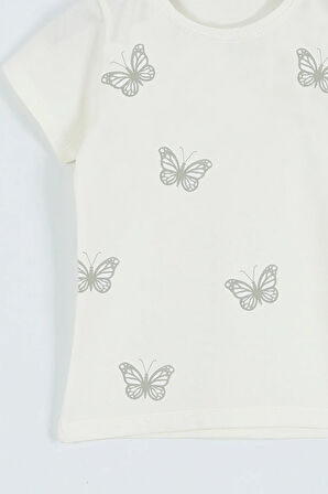 KIZ ÇOCUK TSHİRT KELEBEK BASKILI BİSİKLET YAKA D31