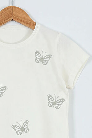 KIZ ÇOCUK TSHİRT KELEBEK BASKILI BİSİKLET YAKA D31