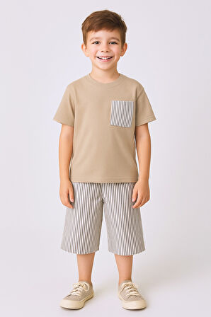 ERKEK ÇOCUK ŞORTLU TAKIM ÇİZGİLİ CEP DETAYLI E15