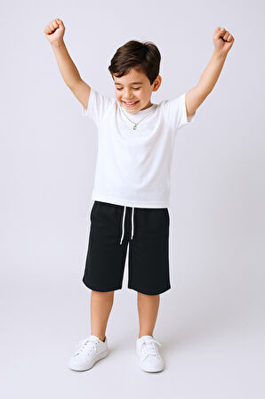 ERKEK ÇOCUK ŞORTLU TAKIM KOLYE HEDİYELİ OVERSİZE KALIP KABARTMA BASKILI E32