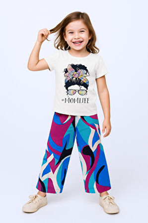 KIZ ÇOCUK YAZLIK İKİLİ TAKIM BASKILI RENK BALOKLU B2