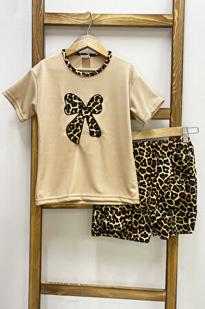 KIZ ÇOCUK ŞORT ETEK TAKIM LEOPAR BASKILI FIRFIRLI B1
