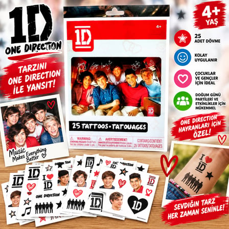 One Direction Dövme Seti 25 Adet Geçici Çocuk Dövmesi Eğlenceli Tattoo Seti 4+ Yaş