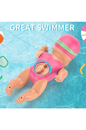 Küvette Havuzda Kendiliğinden Yüzen Kurmalı Swimming Baby Yüzen Bebek - Banyo oyuncağı 10 Cm