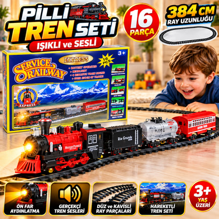 Pilli Tren Seti 16 Parça 384 CM Raylı Işıklı ve Sesli Oyuncak Tren Seti