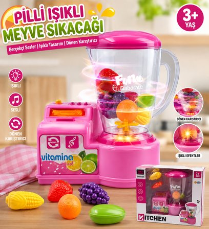 Pilli Işıklı Oyuncak Meyve Sıkacağı Blender Seti Sesli ve Dönen Karıştırıcılı Mutfak Oyuncağı