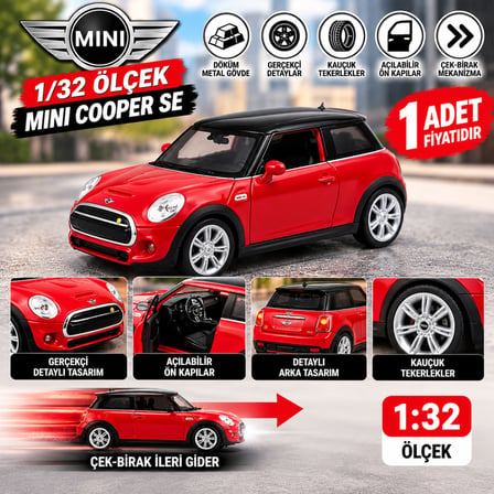 1:32 Çek Bırak Mini Cooper SE Metal Model Araba