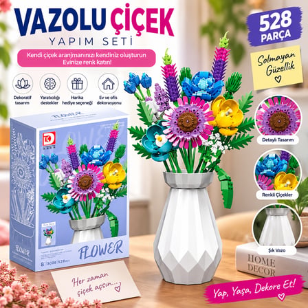 Vazolu Çiçek 528 Parça Dekoratif Yapay Çiçek Yapım Seti Yaratıcı Hobi ve Hediye Seti