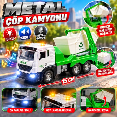 Metal Işıklı Sesli Çöp Kamyonu 15 cm Hareketli Kovalı Oyuncak Kamyon