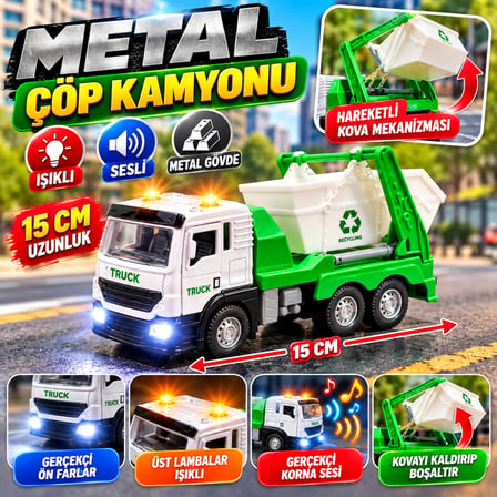 Metal Işıklı Sesli Çöp Kamyonu 15 cm Hareketli Kovalı Oyuncak Kamyon