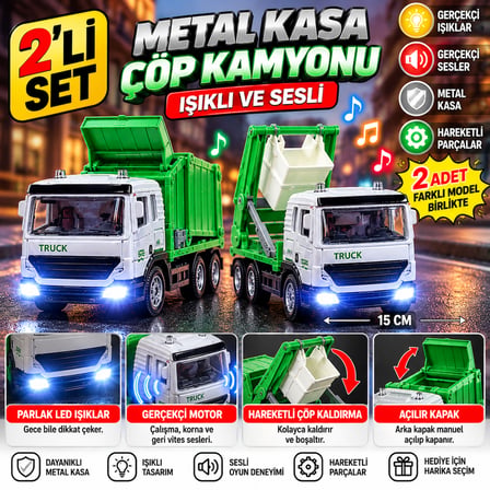 Metal Çöp Kamyonu 2’li Set 15 cm Işıklı Sesli Hareketli Kovalı Oyuncak