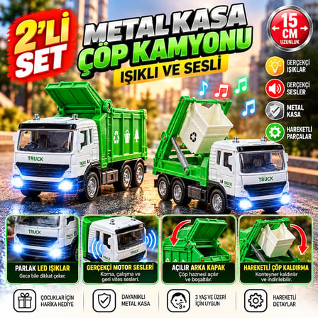 Metal Çöp Kamyonu 2’li Set 15 cm Işıklı Sesli Hareketli Kovalı Oyuncak
