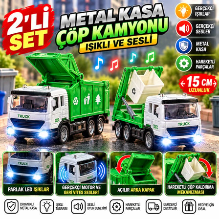 Metal Çöp Kamyonu 2’li Set 15 cm Işıklı Sesli Hareketli Kovalı Oyuncak