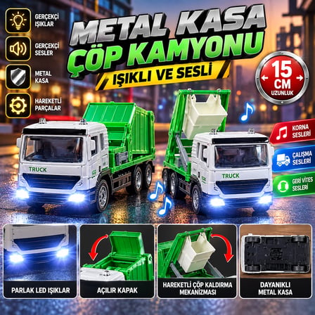 Metal Çöp Kamyonu 2’li Set 15 cm Işıklı Sesli Hareketli Kovalı Oyuncak