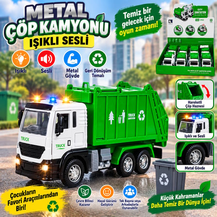 Metal Işıklı Sesli Çöp Kamyonu Oyuncak Geri Dönüşüm Temalı Hareketli Çöp Kamyonu