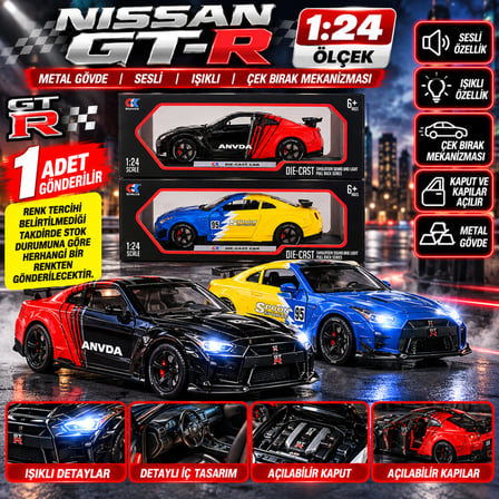 Nissan GT-R 1:24 Ölçek Metal Oyuncak Araba Sesli Işıklı Çek Bırak Spor Araba 1 ADET
