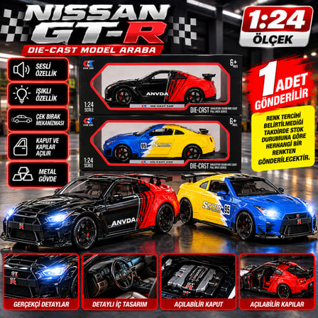 Nissan GT-R 1:24 Ölçek Metal Oyuncak Araba Sesli Işıklı Çek Bırak Spor Araba 1 ADET