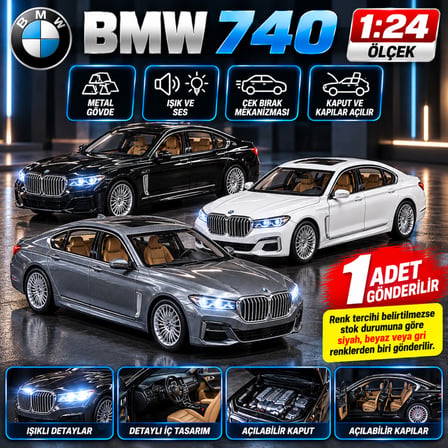 BMW 740 Metal Gövdeli 1/24 ÖLÇEK Sesli Işıklı Model Araba Çek Bırak 1 ADET