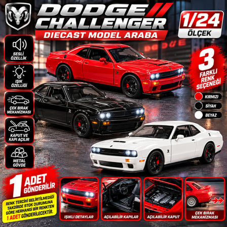 Dodge Challenger 1/24 Ölçek Sesli Işıklı Metal Model Araba Çek Bırak Mekanizmalı 1 ADET
