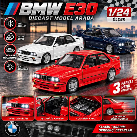 BMW E30 Tutkunlarına Özel Sesli Metal Model Araba – 1:24 Ölçek
