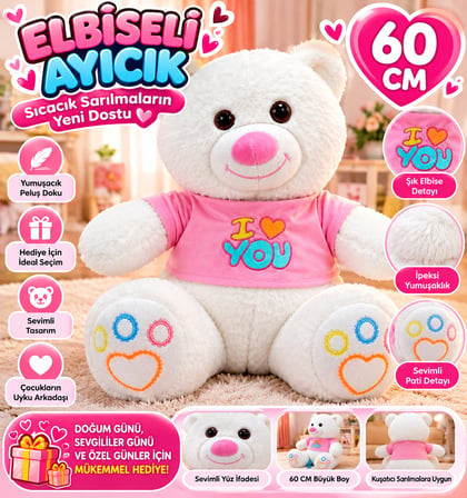 Elbiseli Peluş Ayıcık 60 CM I Love You Teddy Bear Yumuşak Sevimli Sarılmalık Oyuncak