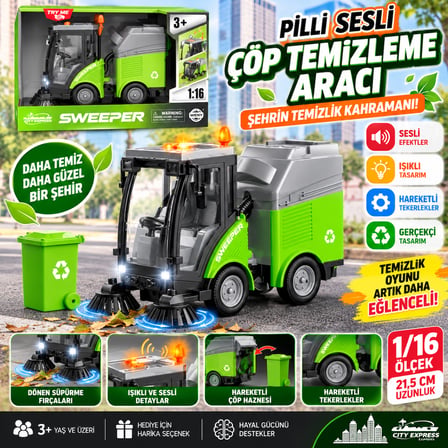 Pilli Sesli Çöp Temizleme Aracı 1/16 Ölçek  Işıklı Detaylı Gerçekçi Sokak Süpürme Aracı Oyuncağı