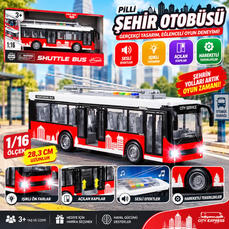 Pilli Şehir Otobüsü 1/16 Ölçek Sesli Işıklı Açılan Kapılı Gerçekçi Oyuncak Otobüs 28,3 cm