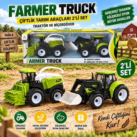 Oyuncak Traktör ve Biçerdöver 2'li Çiftlik Seti Farmer Truck Tarım Araçları