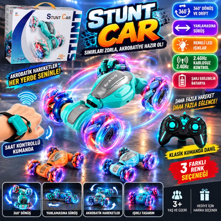 Saat Kontrollü Stunt Car 2.4GHz Kumandalı 360° Dönüşlü Işıklı Akrobatik Uzaktan Kumandalı Araba