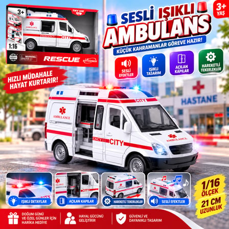 Pilli Sesli Işıklı 1/16 Ölçek Ambulans Oyuncak 21 cm Gerçekçi Kurtarma Aracı