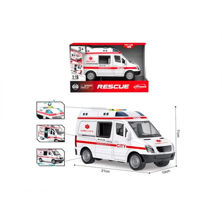Pilli Sesli Işıklı 1/16 Ölçek Ambulans Oyuncak 21 cm Gerçekçi Kurtarma Aracı