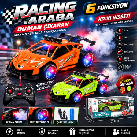 Şarjlı Racing Araba  6 Fonksiyonlu Duman Çıkaran Işıklı Uzaktan Kumandalı Yarış Arabası 1 Adet