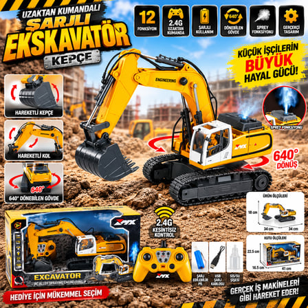 Uzaktan Kumandalı Şarjlı 12 Fonksiyonlu Ekskavatör Kepçe 2.4G 360° Dönebilen İş Makinesi