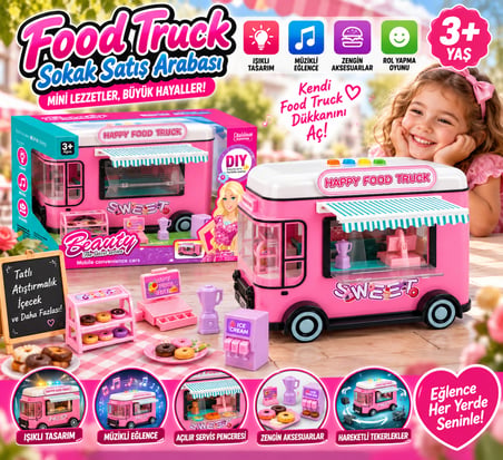 Pilli Işıklı Sokak Satış Arabası Oyuncak Food Truck Seti Müzikli Aksesuarlarıyla Eğlenceli Oyun Seti