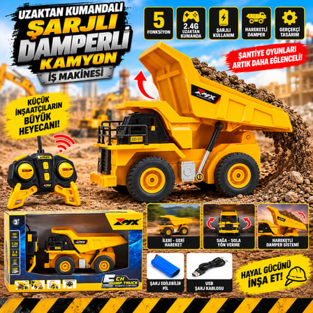 Uzaktan Kumandalı Şarjlı Damperli Kamyon 5 Fonksiyonlu 2.4G İş Makinesi Oyuncak