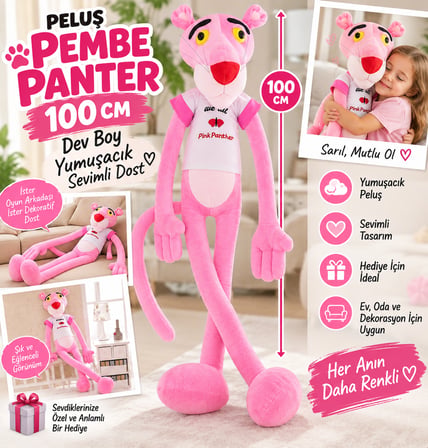 Peluş Pembe Panter 100 CM Dev Boy Uzun Bacaklı Yumuşak Sevimli Oyuncak Dekoratif Hediye