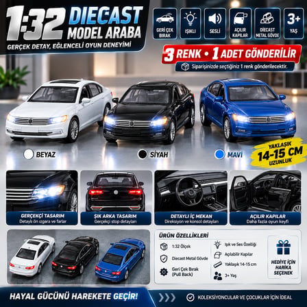 Volkswagen Passat B8 1:32 Diecast Metal Model Araba Işıklı Sesli Çek Bırak 1 ADET