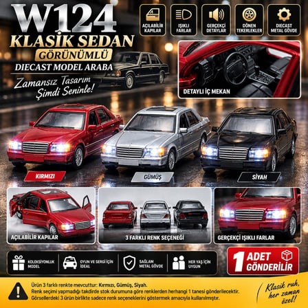 W124 Klasik Sedan Görünümlü Diecast Model Araba Işıklı Açılır Kapılı 1 Adet