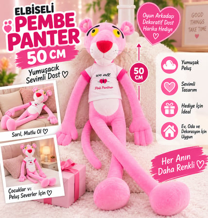 50 CM Elbiseli Pembe Panter Peluş Oyuncak Yumuşak, Sevimli, Uzun Bacaklı Dekoratif Hediye