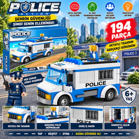 Polis Taktik Aracı Yapım Seti 194 Parça Detaylı Polis Kamyonu Blok Oyuncak Seti