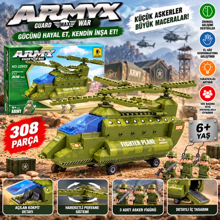 Askeri Helikopter Yapım Seti 308 Parça Savaş Helikopteri Asker Figürleri ve Detaylı Blok Seti