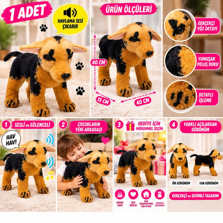 Sesli Peluş Köpek 40 CM Havlayan Gerçekçi Sevimli Köpek Oyuncak Kahverengi