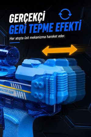Şarjlı Otomatik Su Tabancası Oyuncak Gerçekçi Geri Tepme Efektli Geniş Su Hazneli Uzun Menzilli Elektrikli Su Silahı