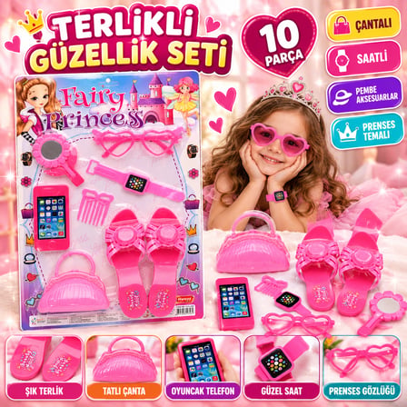 Kız Çocuk Terlikli Güzellik Seti 10 Parça Pembe Aksesuar Seti Çantalı ve Saatli Oyuncak Seti