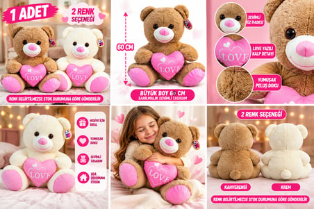 60 CM Büyük Peluş Ayıcık LOVE Kalpli Sevimli Yumuşak Oyuncak 1 Adet