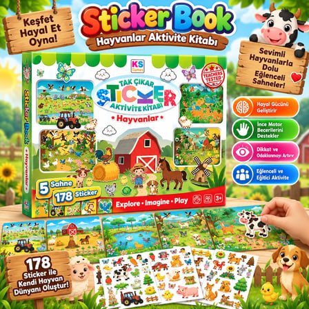Sticker Book Animals Hayvanlar Aktivite Kitabı  5 Sahne 178 Sticker Çocuklar İçin Çıkartma Kitabı
