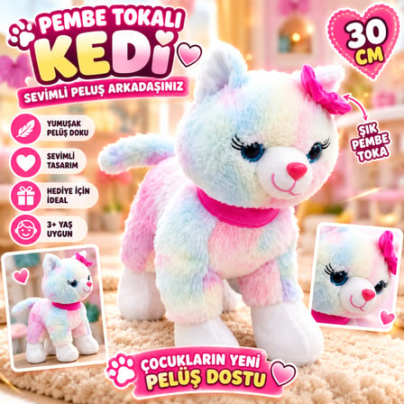 30 CM Pembe Tokalı Renkli Peluş Kedi Sevimli Yumuşak Peluş Oyuncak Çocuklar İçin Hediye