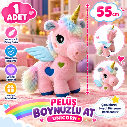 55 cm Peluş Unicorn Boynuzlu At Kanatlı Yumuşak ve Sevimli Çocuk Oyuncağı