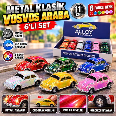 6'lı Metal Çek Bırak Vosvos Araba Seti 11 cm Parlak Renkli Klasik Araba Oyuncakları