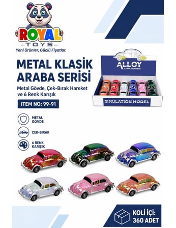 6'lı Metal Çek Bırak Vosvos Araba Seti 11 cm Parlak Renkli Klasik Araba Oyuncakları